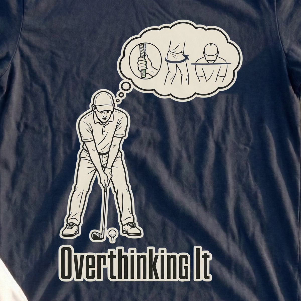 Overthinking It, Swing Thoughts Cloud Tee, print close-up on Navy