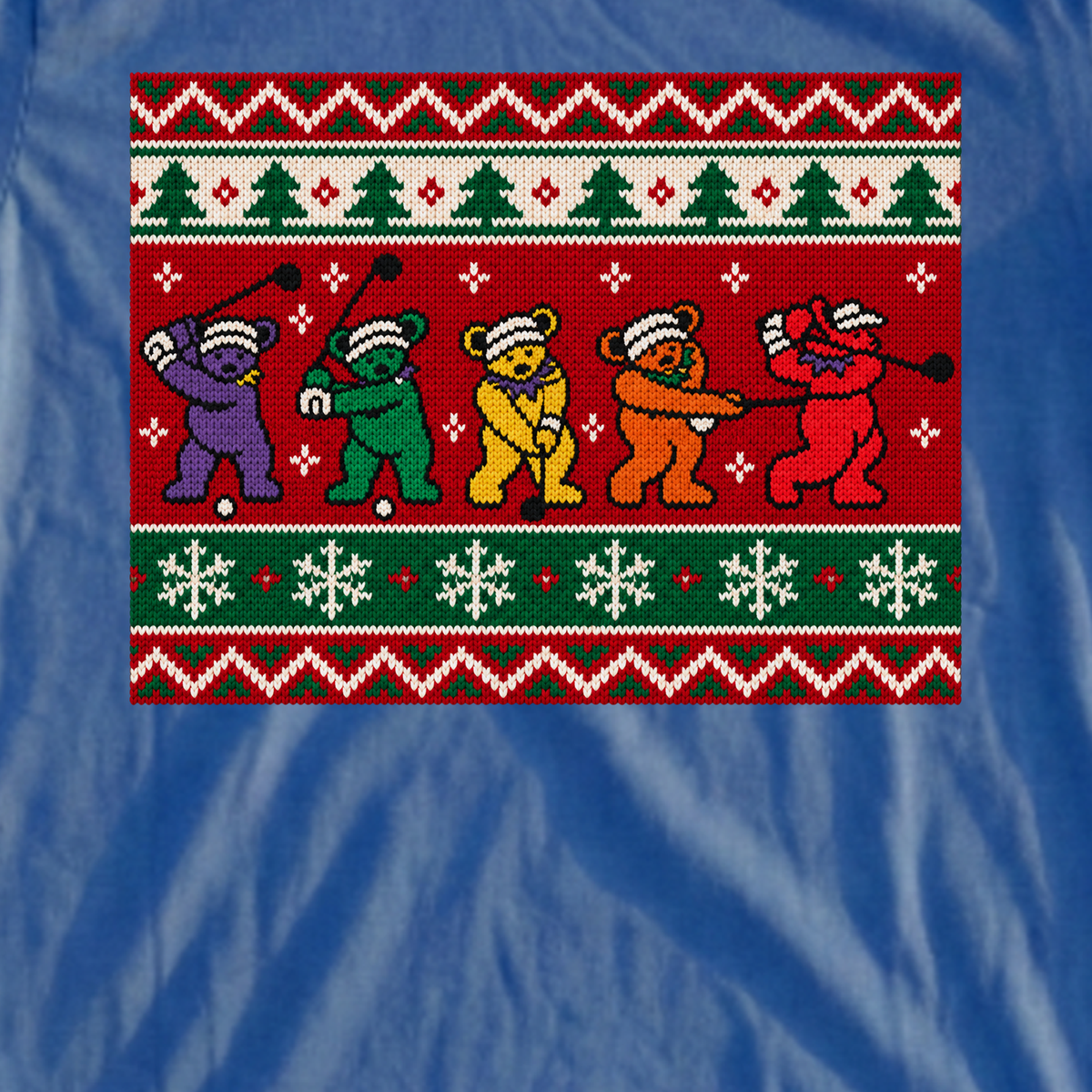Golf Swing Bears Ugly Sweater Tee, print close-up on Royal