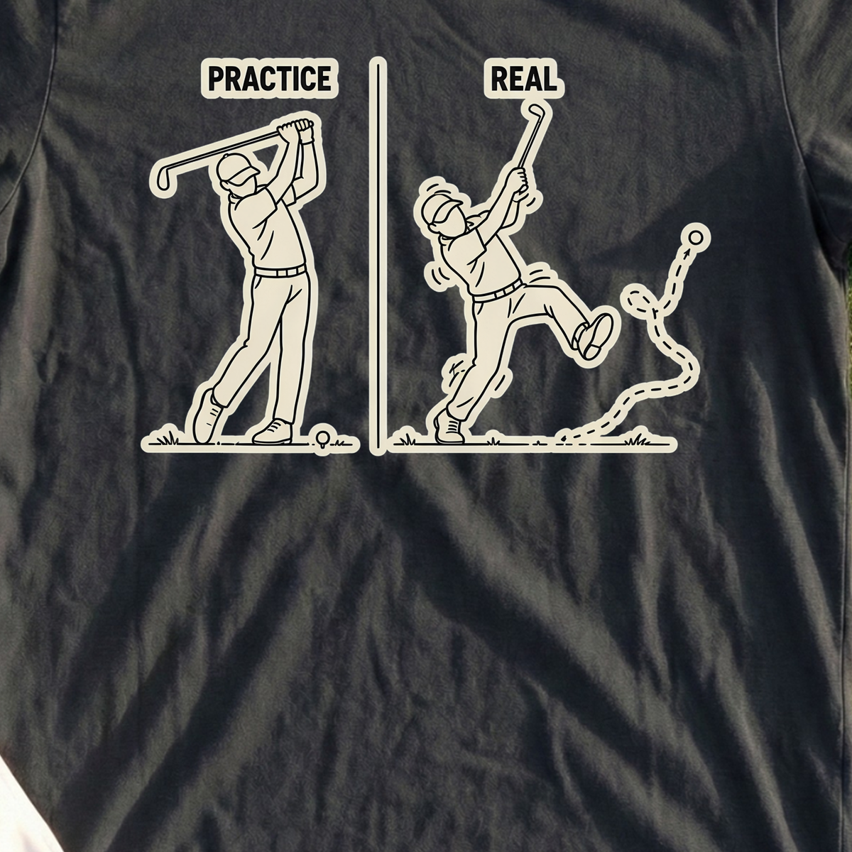 Practice Swing vs. Real Swing Tee, print close-up on Black