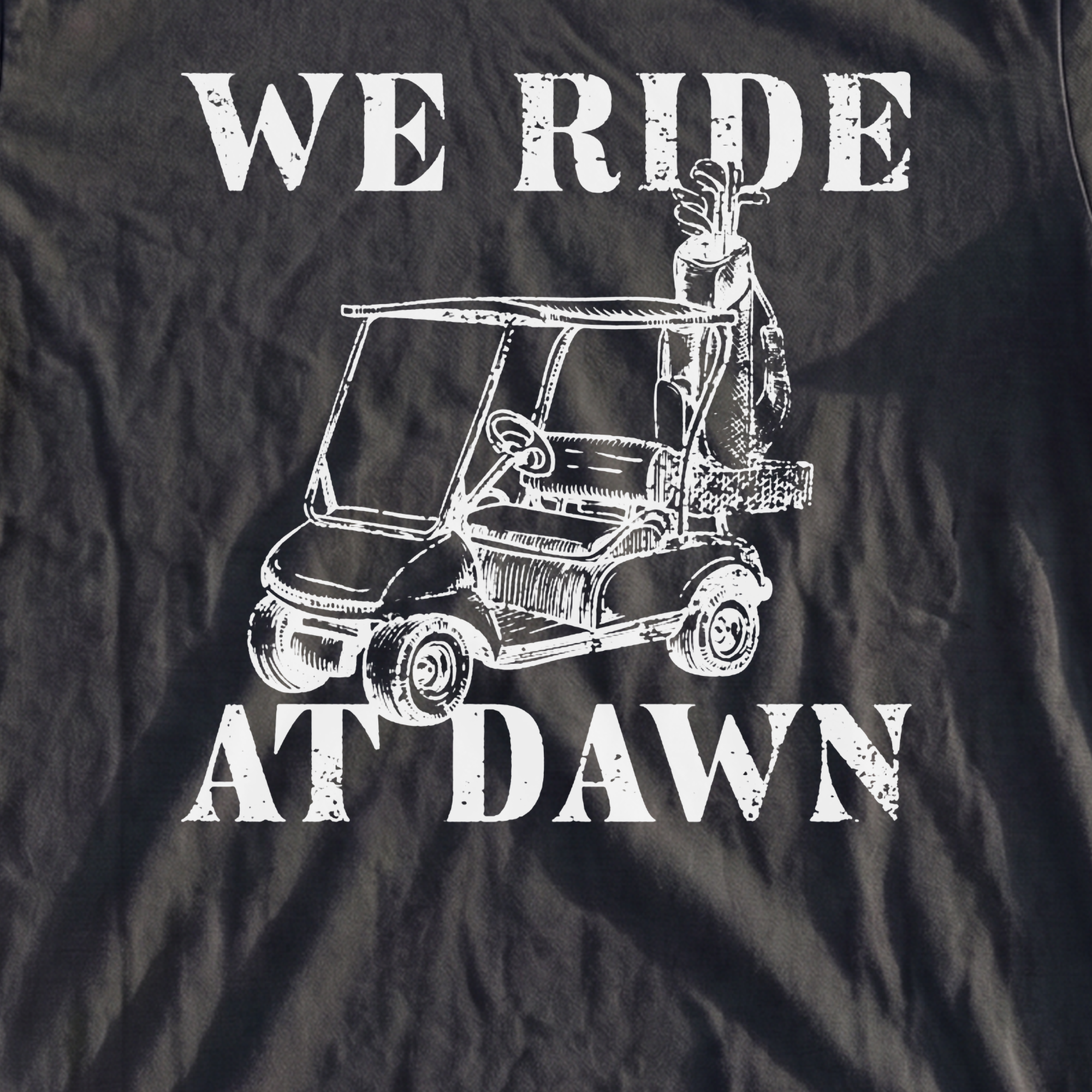 We Ride At Dawn Cart Heavyweight Tee, print close-up on Moss
