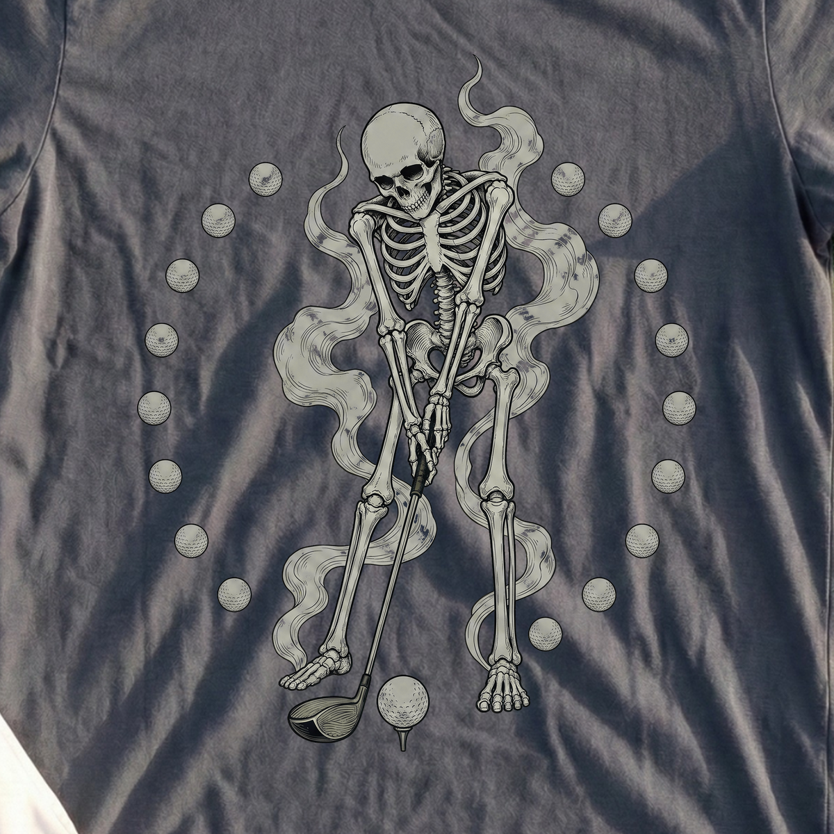 The Whole Bucket Tee, print close-up on Dark Heather