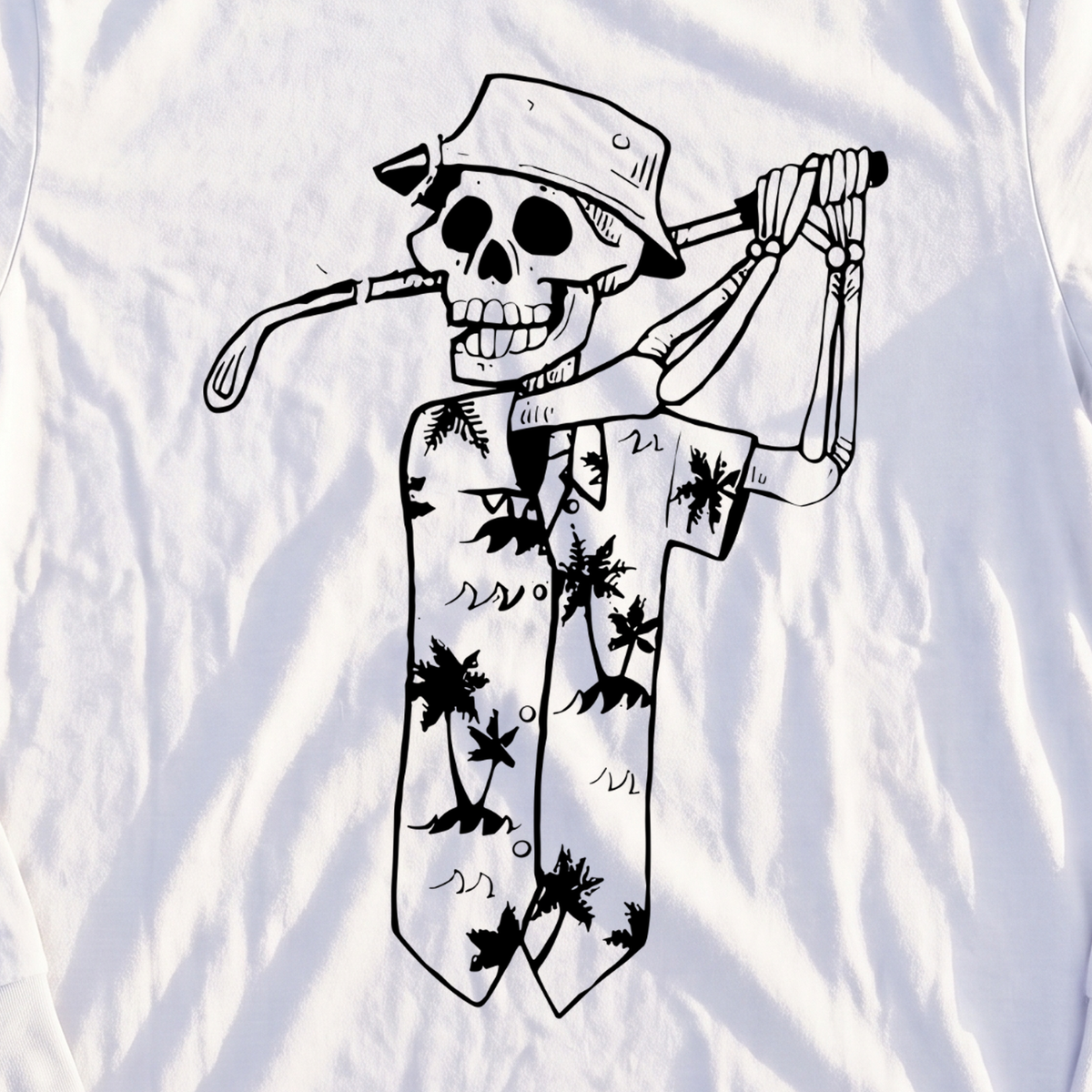 Tropical Skeleton Long Sleeve Tee, print close-up on White
