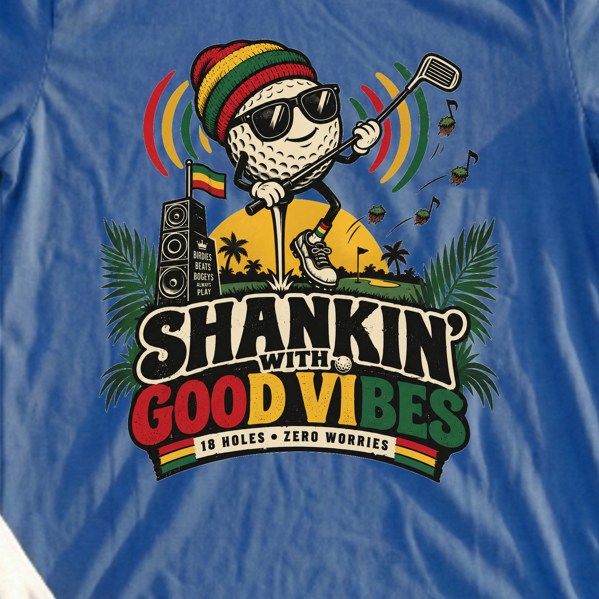 Shankin With Good Vibes Tee, print close-up on Royal