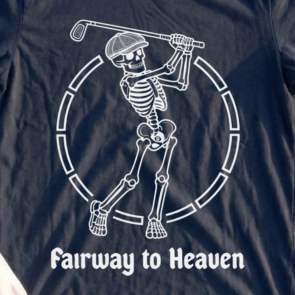 Fairway To Heaven Tee, print close-up on Navy