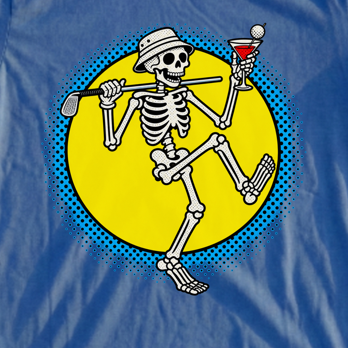 Martini Skeleton Strut Pop Art Tee, print close-up on Royal