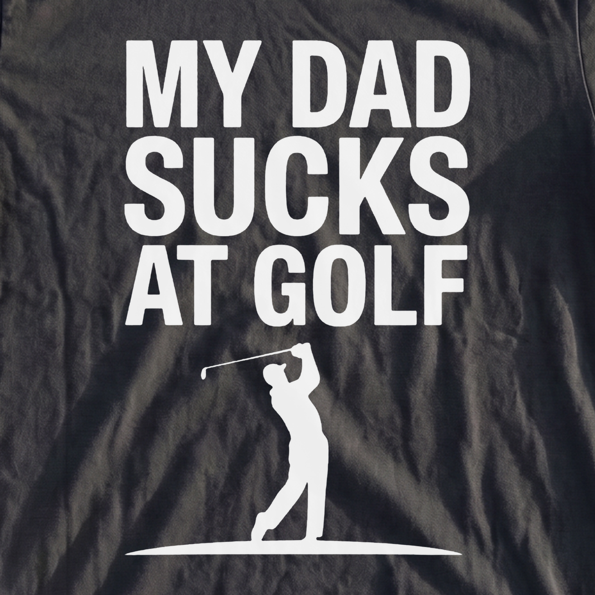 My Dad Sucks At Golf Heavyweight Tee, print close-up on Pepper