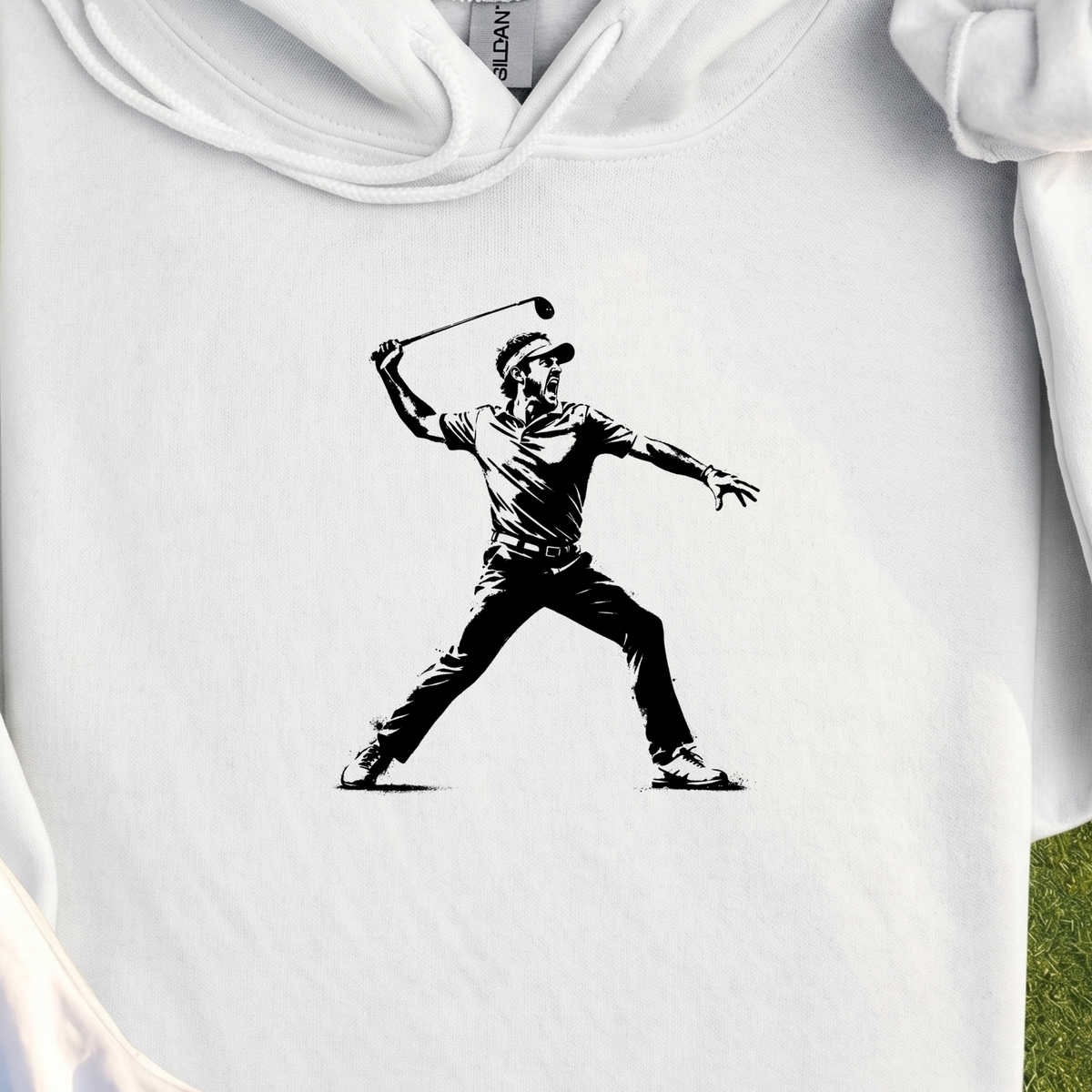 Angry Golfer Hoodie, print close-up on White