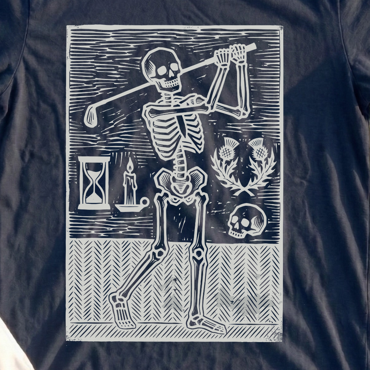 Linocut Skeleton Golfer Tee, print close-up on Navy