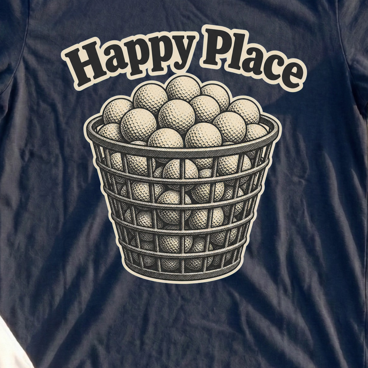Happy Place, Overflowing Basket Tee, print close-up on Navy