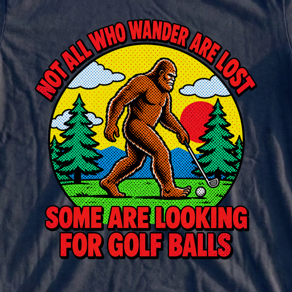 Wandering Sasquatch Pop Art Tee, print close-up on Navy