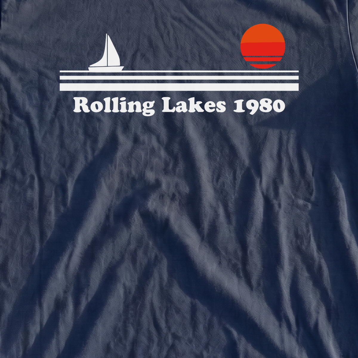 Rolling Lakes Yacht Club 1980 Premium Tee, print close-up on True Navy