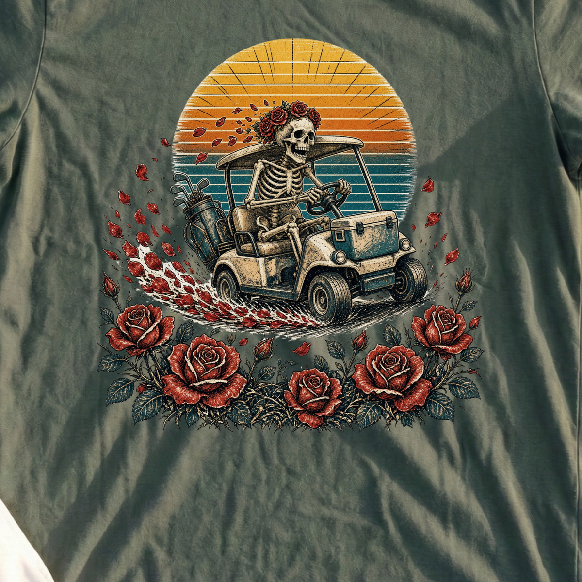 Skeleton Golf Cart Tee, print close-up on Military Green