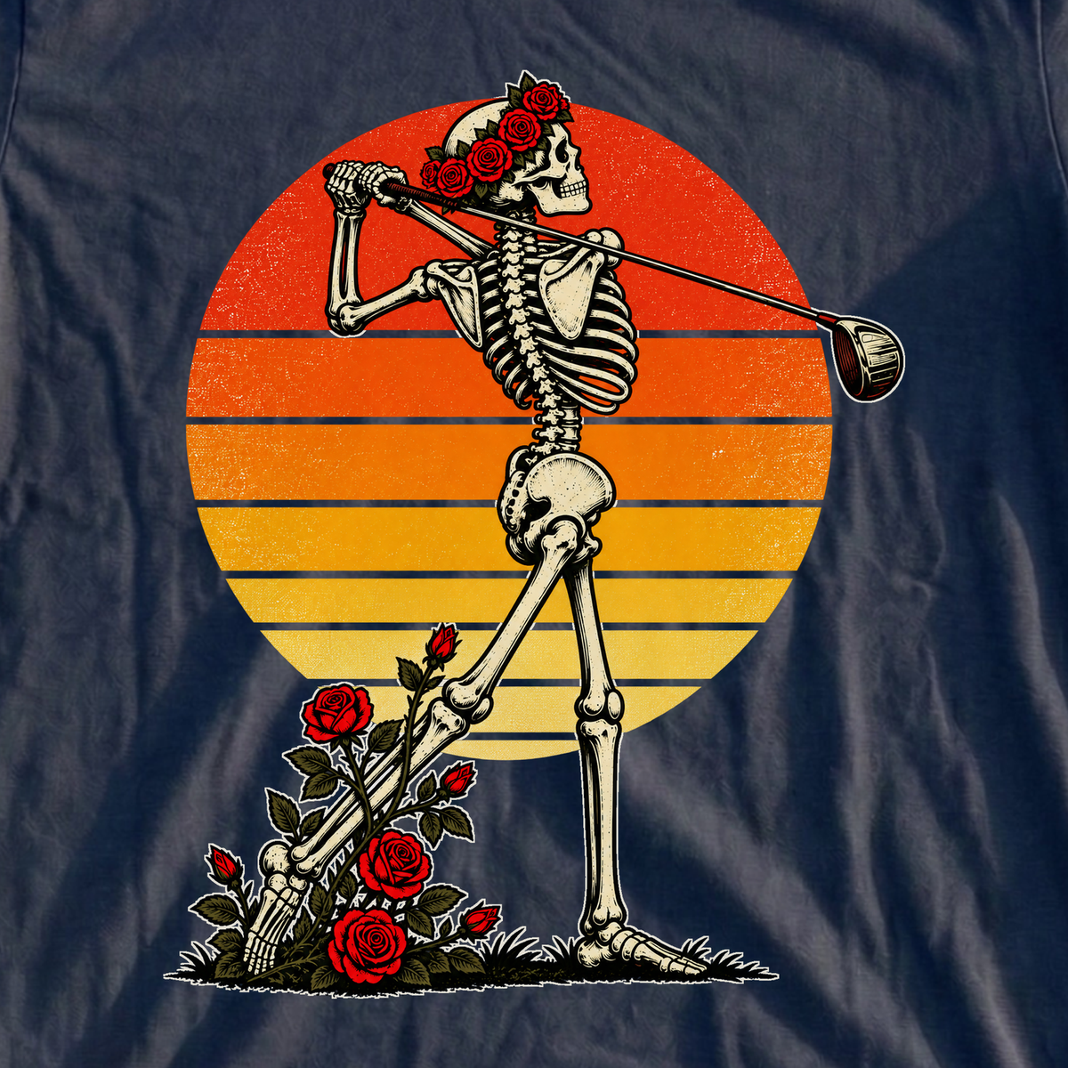 Rose Skeleton Follow Through Sunset Tee, print close-up on Navy