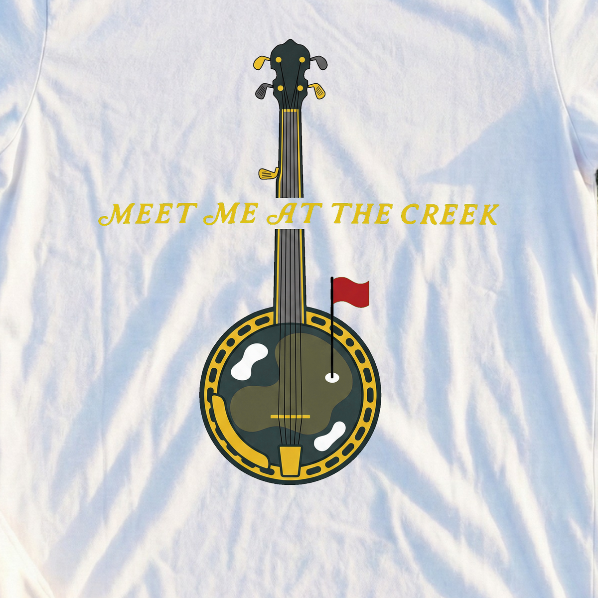 Meet Me At The Creek Banjo Tee, print close-up on White
