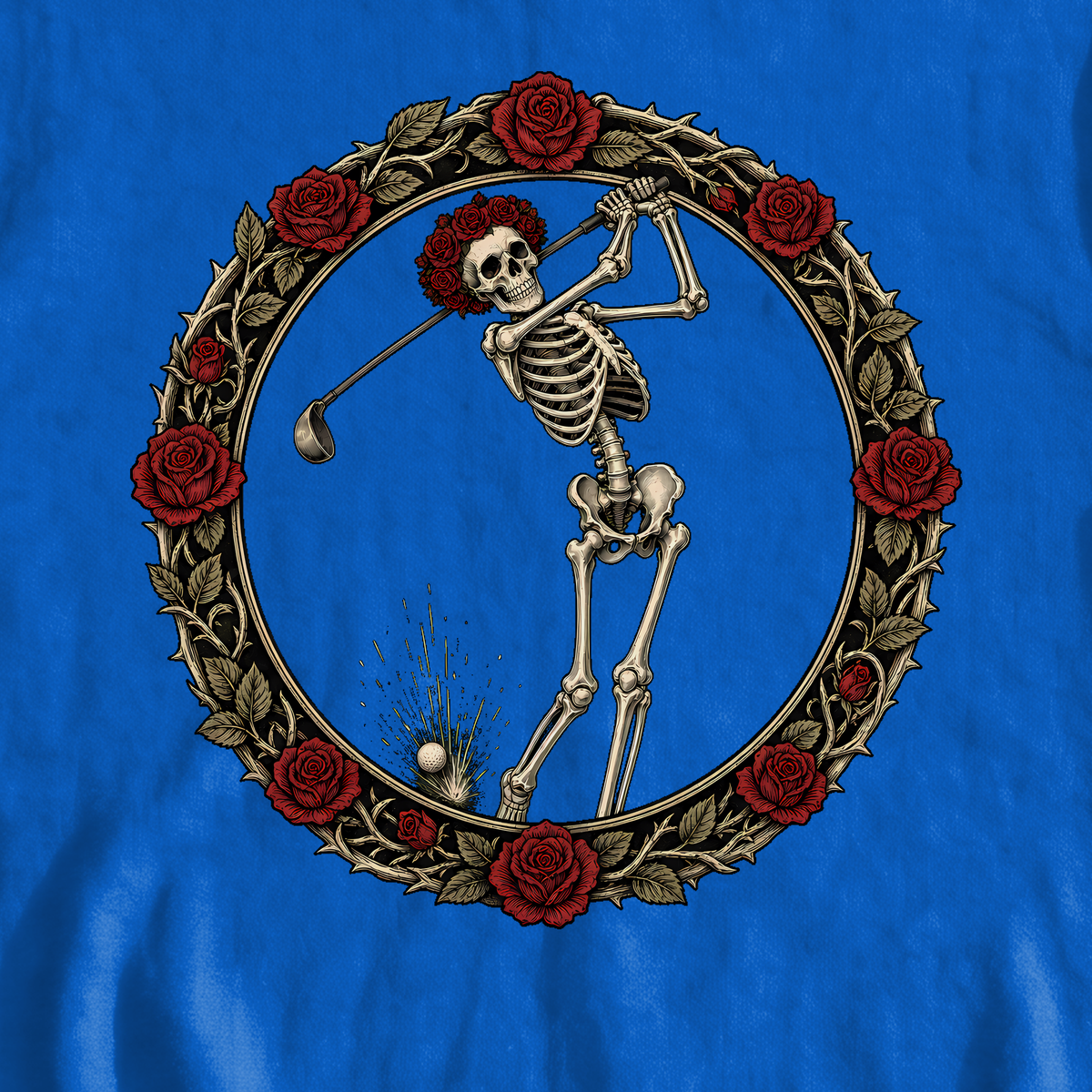 Rose Skeleton Crest Sweatshirt, print close-up on Royal