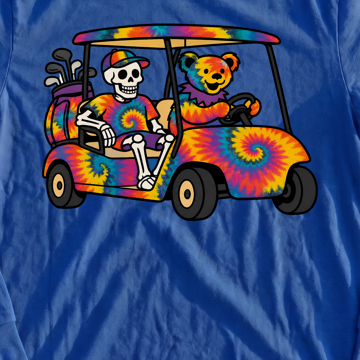 Tie Dye Golf Cart Long Sleeve Tee, print close-up on Royal