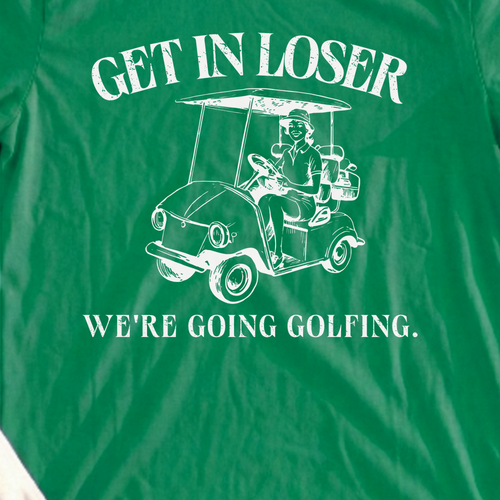 Going Golfing Loser Tee, print close-up on Irish Green