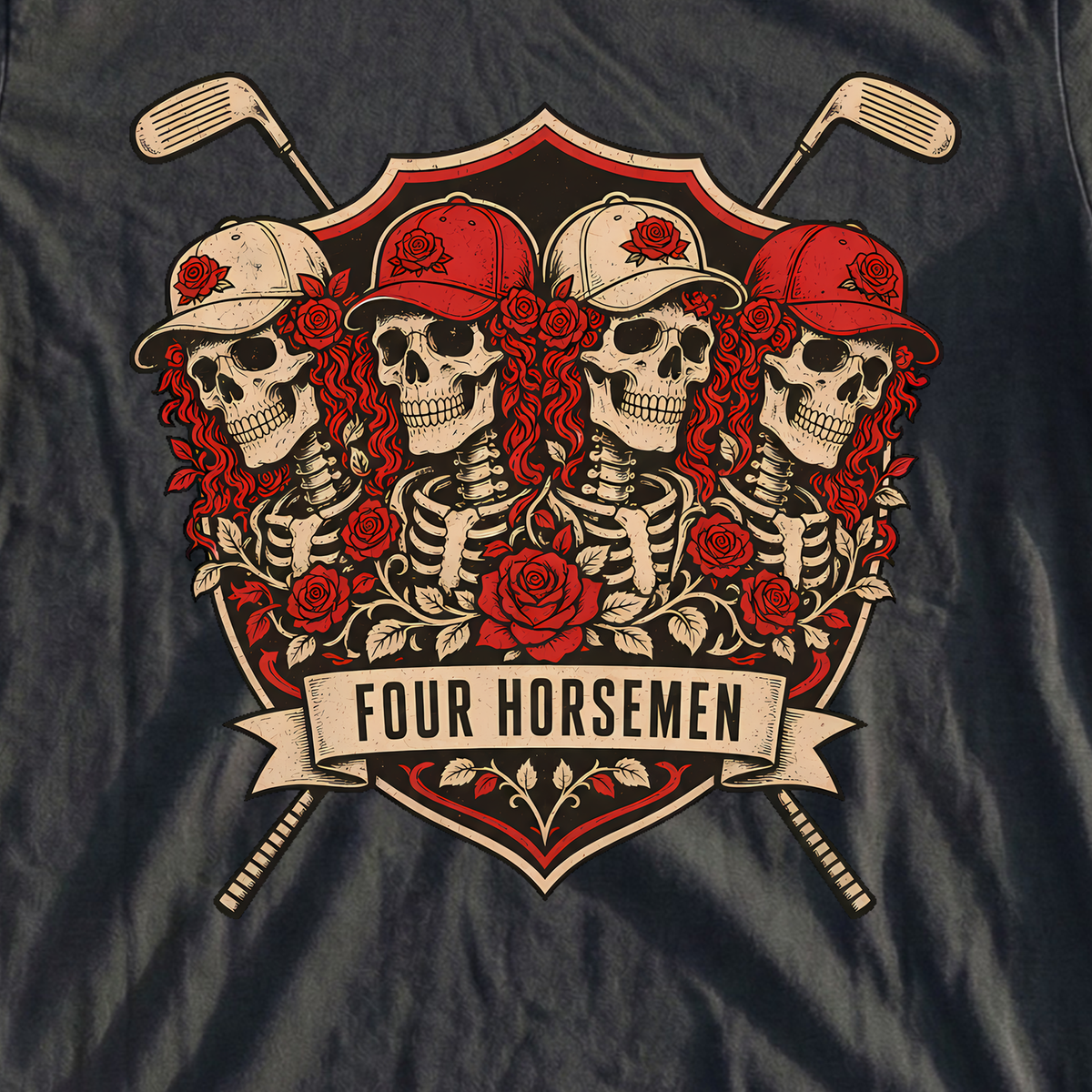 Four Horsemen Premium Tee, print close-up on Black