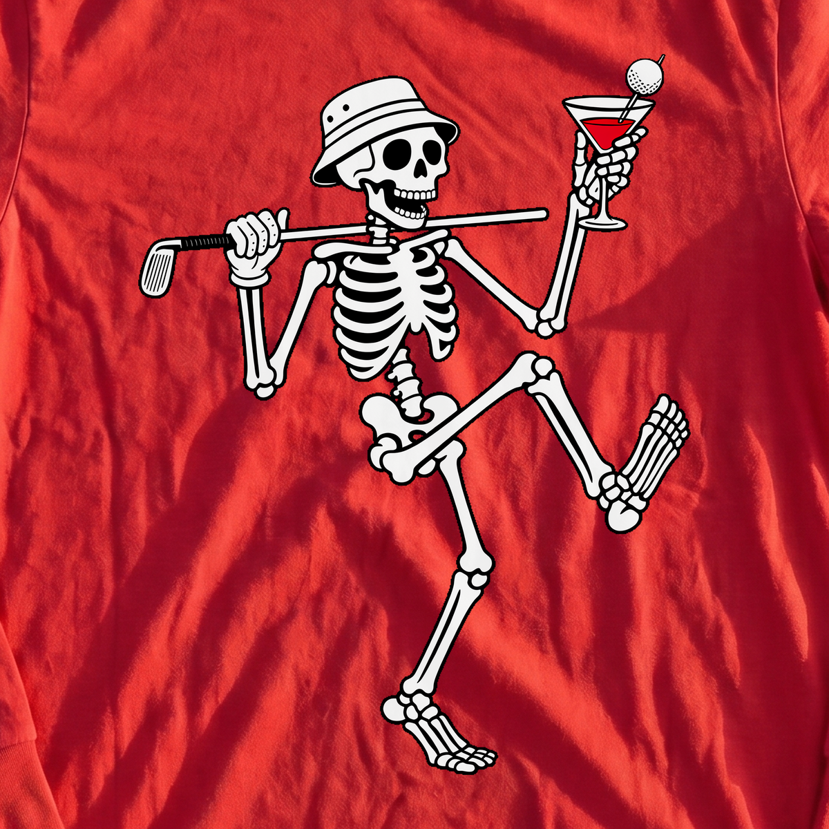 Martini Skeleton Strut Long Sleeve Tee, print close-up on Red