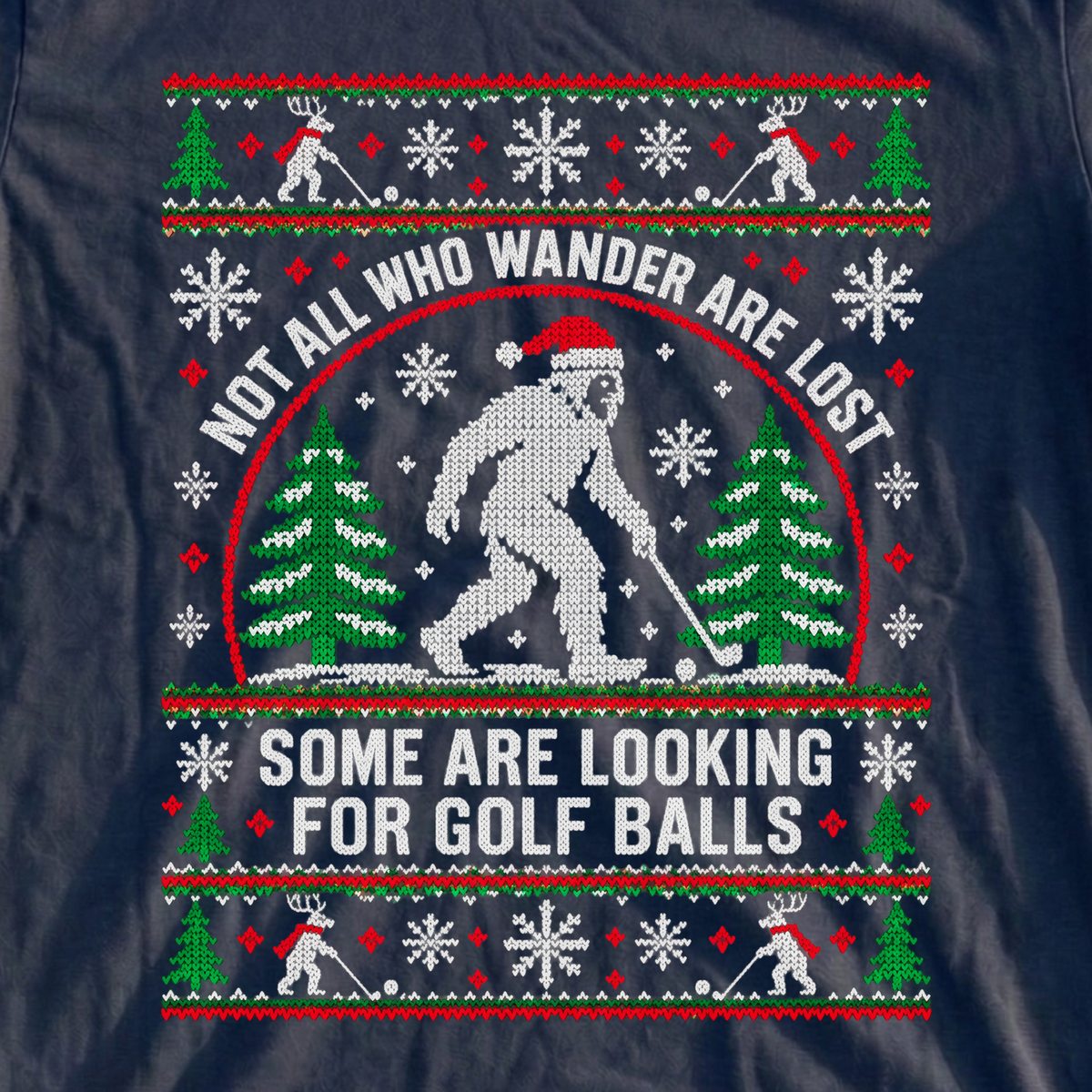 Wandering Sasquatch Ugly Sweater Tee, print close-up on Navy