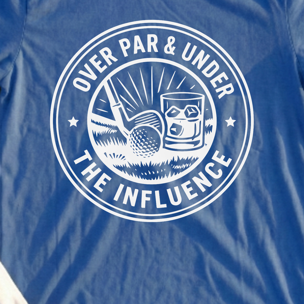 Over Par & Under The Influence Tee, print close-up on Royal