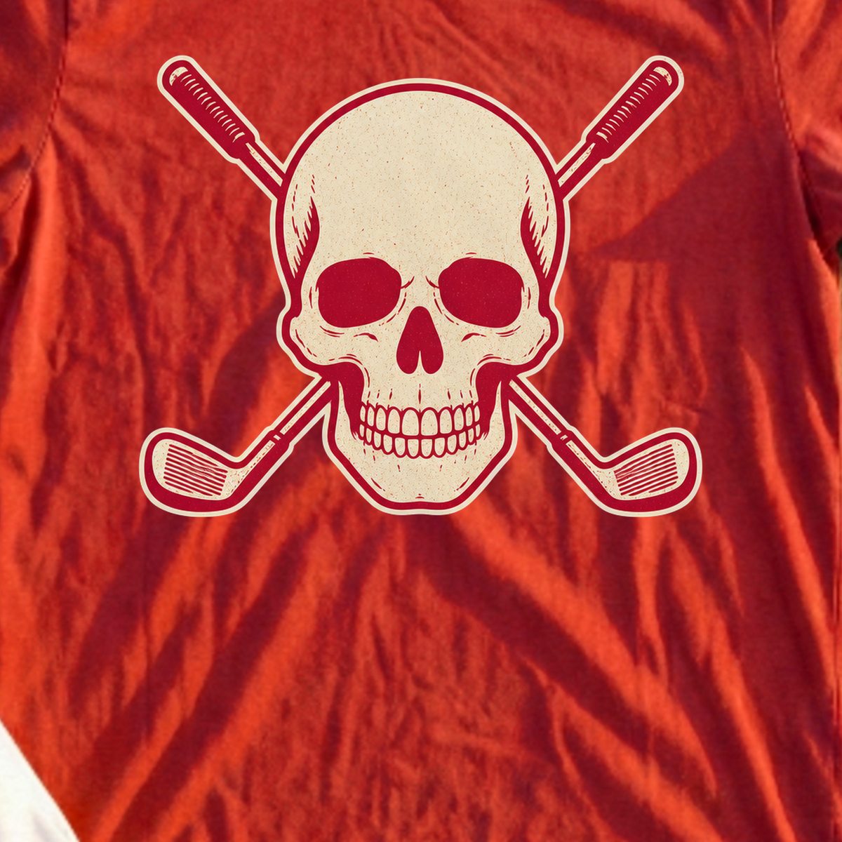 Skull & Crossed Clubs, Two-Tone Vintage Tee, print close-up on Red