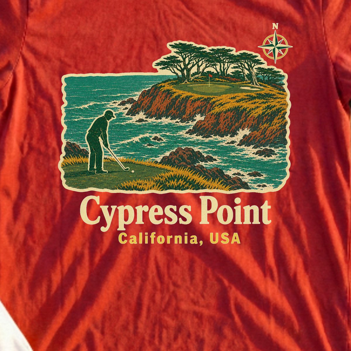 Cypress Point Travel Poster Tee, print close-up on Red