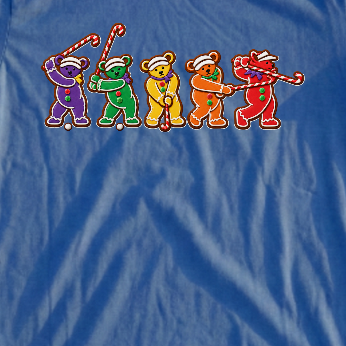 Golf Swing Bears Gingerbread Tee, print close-up on Royal