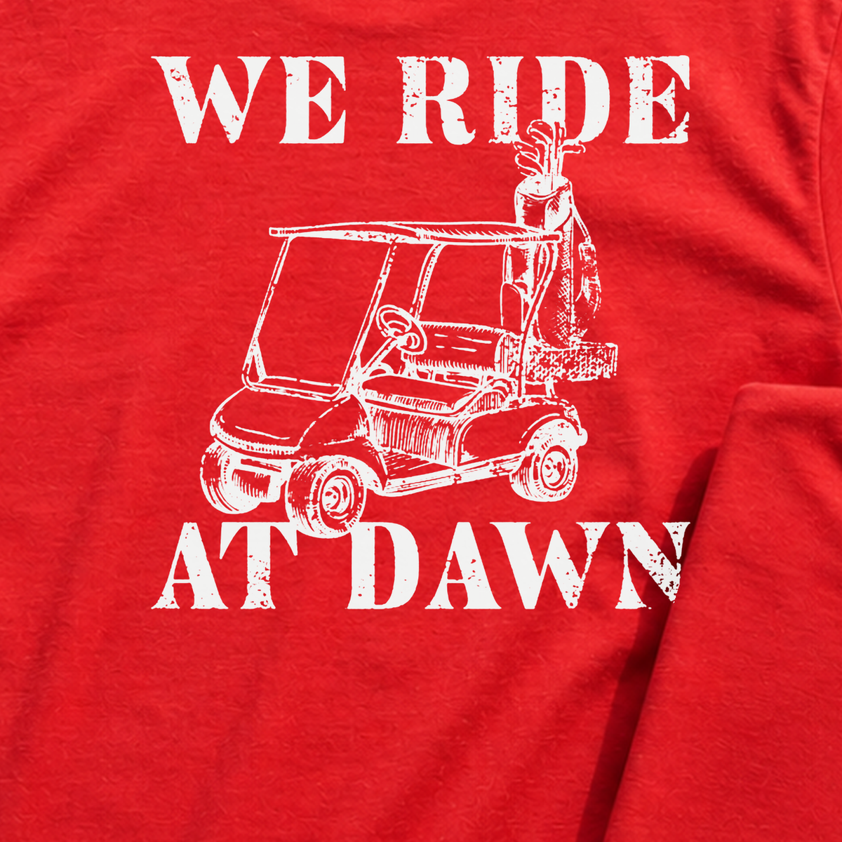 We Ride At Dawn Cart Back Print Tee, print close-up on Red