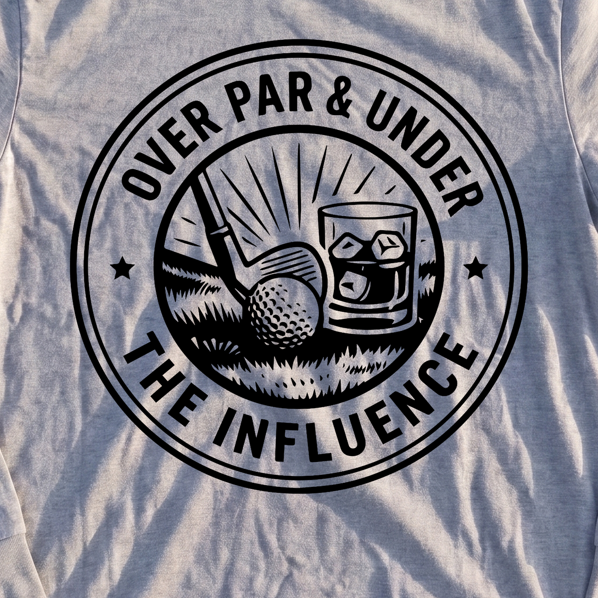 Over Par & Under The Influence Long Sleeve Tee, print close-up on Sport Grey
