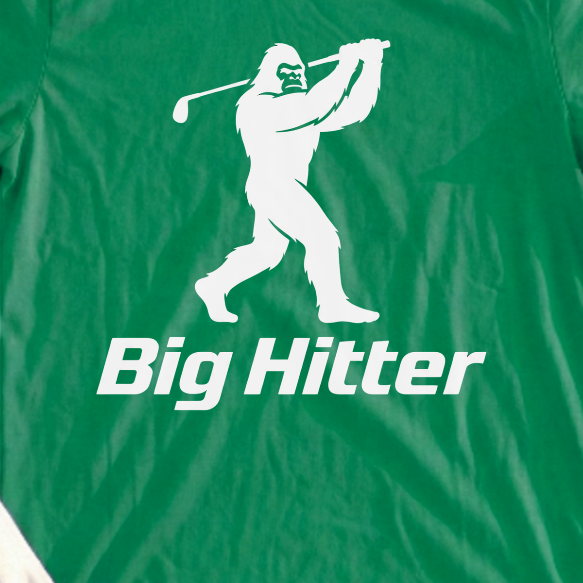 Sasquatch Big Hitter Tee, print close-up on Irish Green