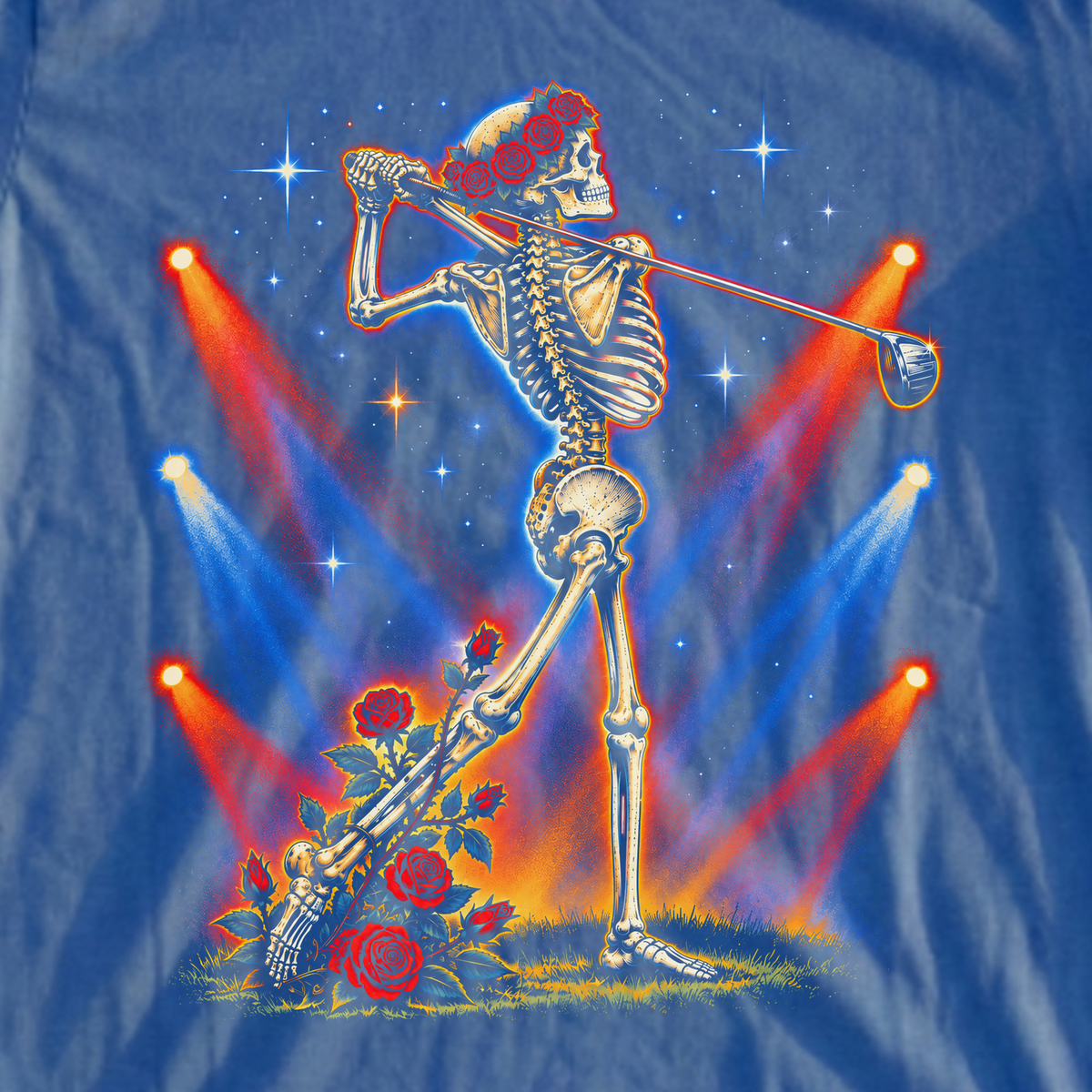 Rose Skeleton Follow Through Rock Tour Tee, print close-up on Royal