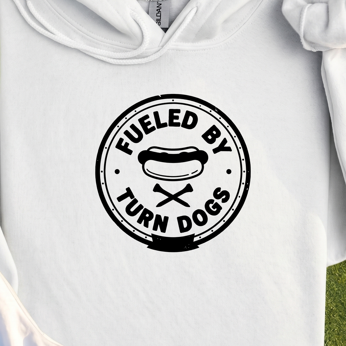 Fueled By Turn Dogs Hoodie, print close-up on White
