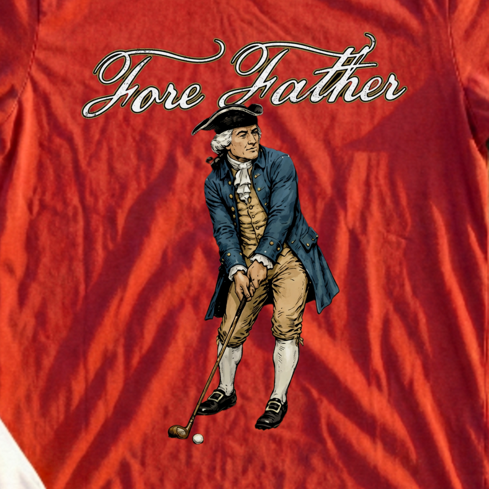 Fore Father Tee, print close-up on Red