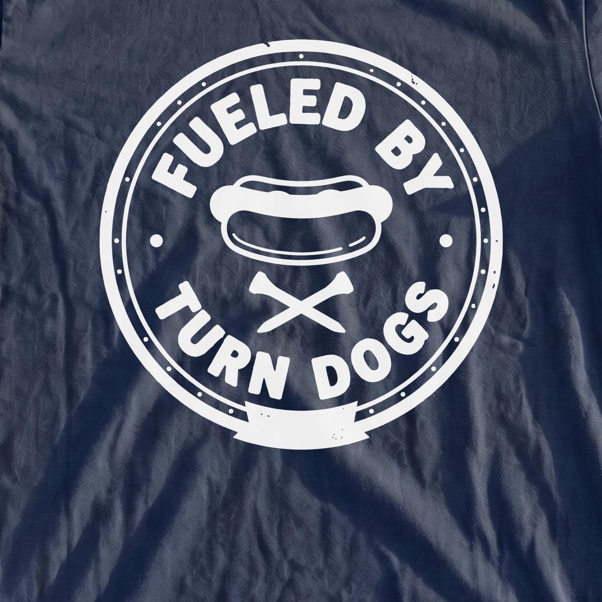 Fueled By Turn Dogs Heavyweight Tee, print close-up on True Navy