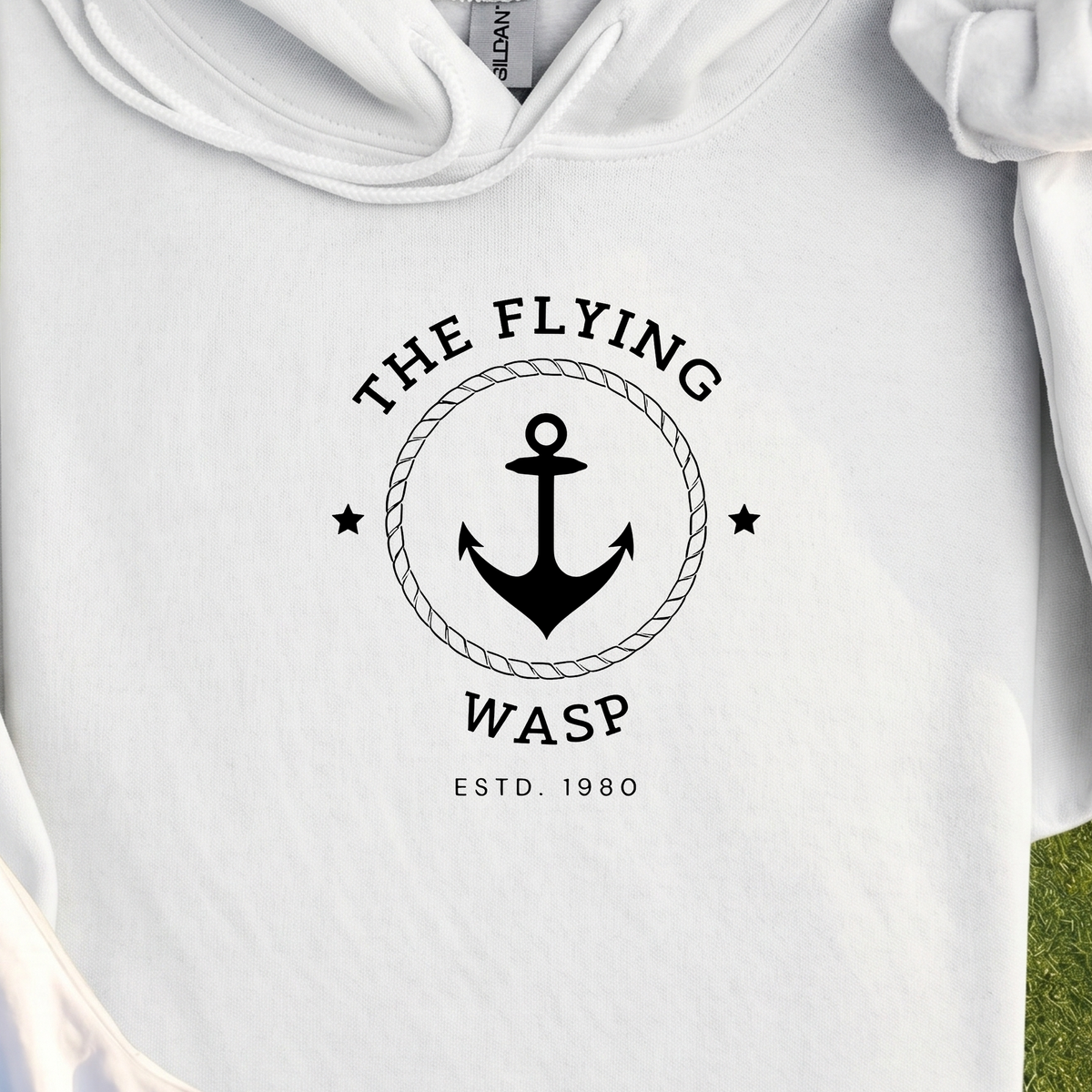 The Flying Wasp Hoodie, print close-up on White