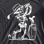 Skeleton Golfing! Premium Tee, print close-up on Black
