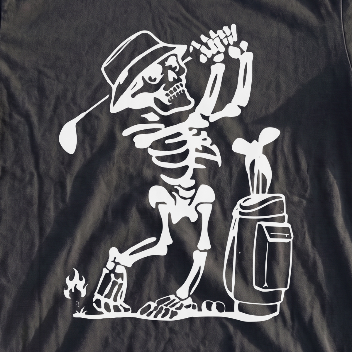 Skeleton Golfing! Premium Tee, print close-up on Black