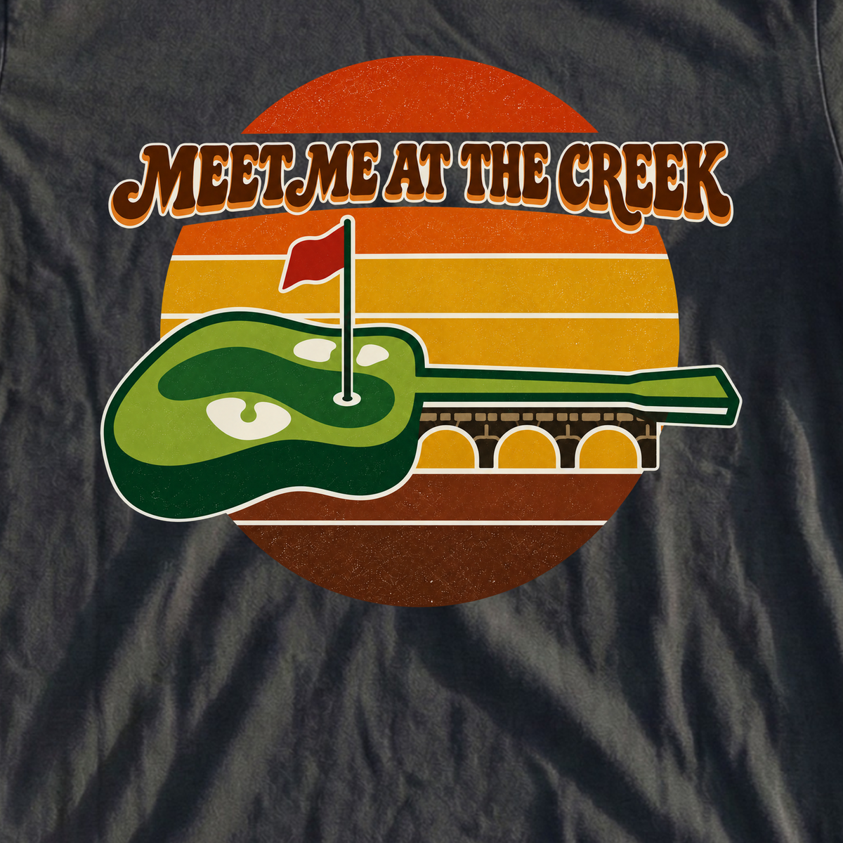 Meet Me At The Creek Retro Sunset Tee, print close-up on Black