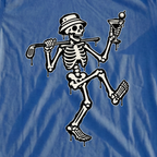 Martini Skeleton Strut Drip Tee, print close-up on Royal