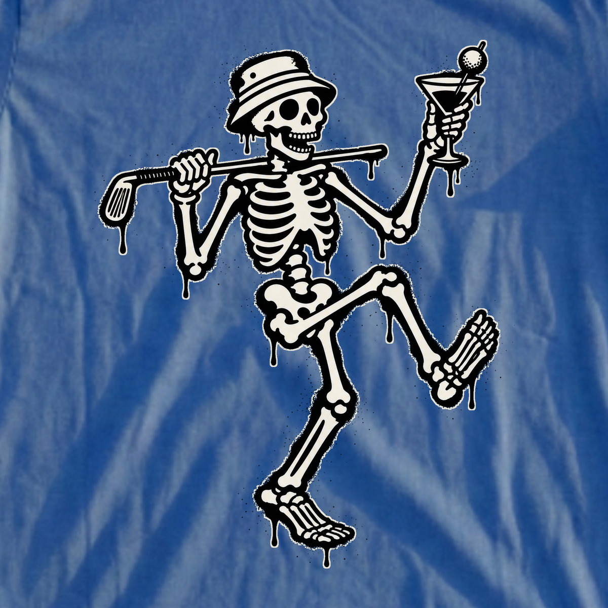 Martini Skeleton Strut Drip Tee, print close-up on Royal