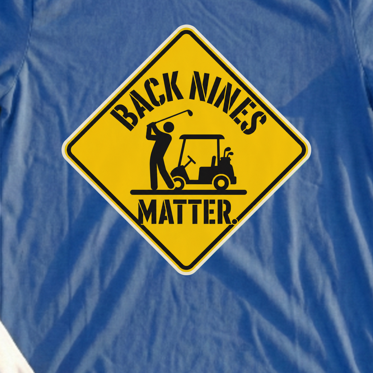 Caution Back Nines Matter Tee, print close-up on Royal