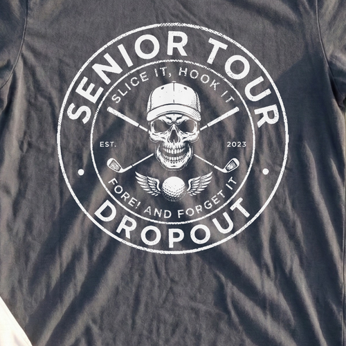 Senior Tour Dropout Tee, print close-up on Dark Heather