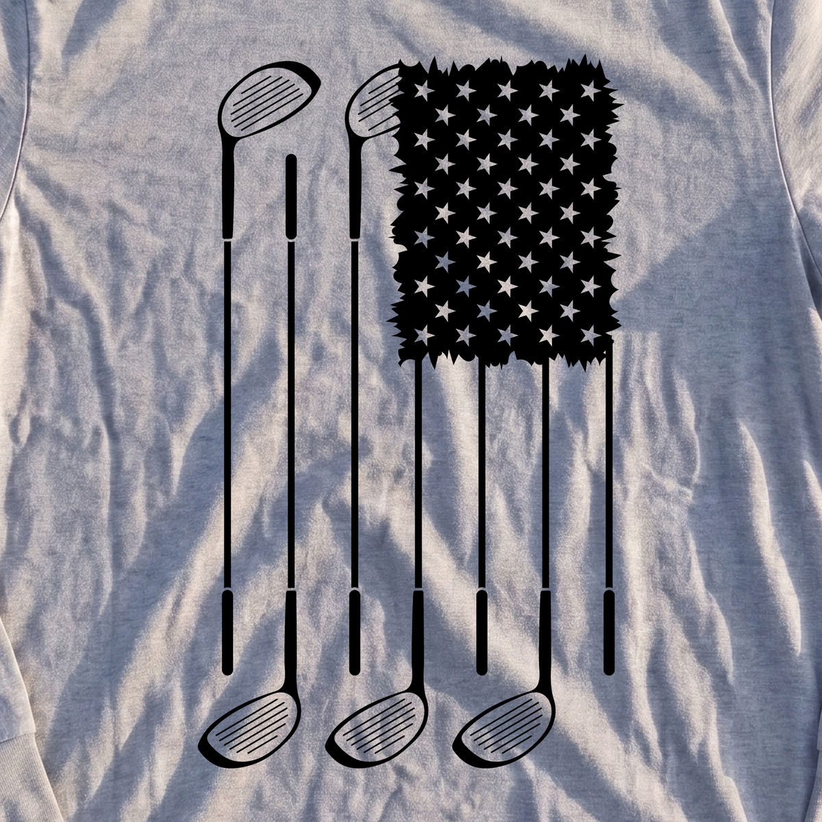 USA Flag Clubs & Stars Long Sleeve Tee, print close-up on Sport Grey