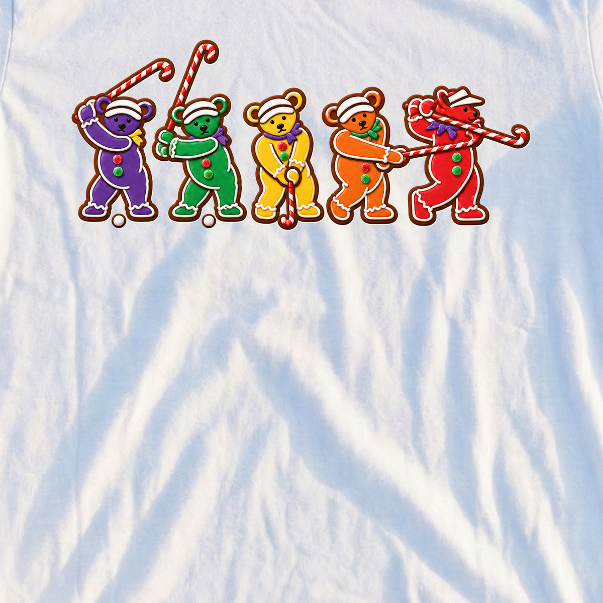 Golf Swing Bears Gingerbread Tee, print close-up on White