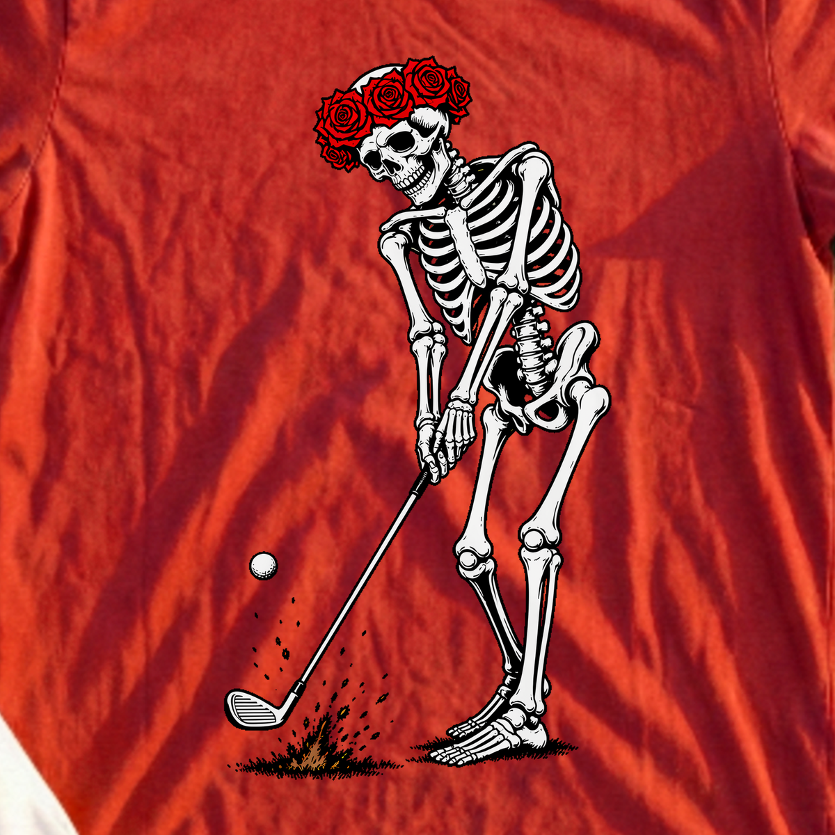 Rose Skeleton's Pitch And Spin Tee, print close-up on Red