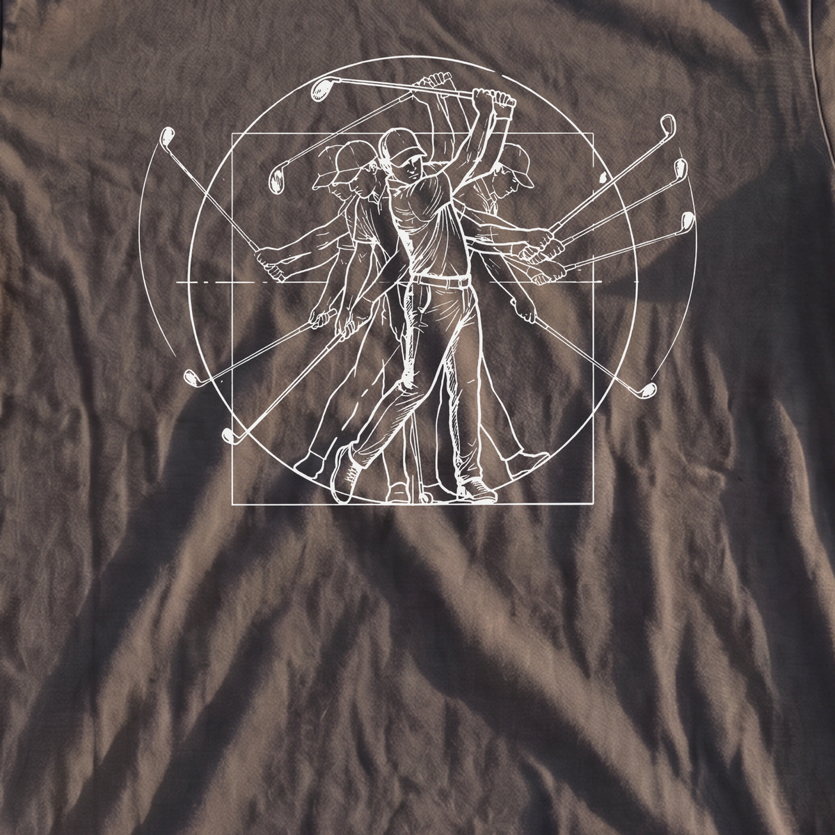 Vitruvian Man Swing Premium Tee, print close-up on Pepper