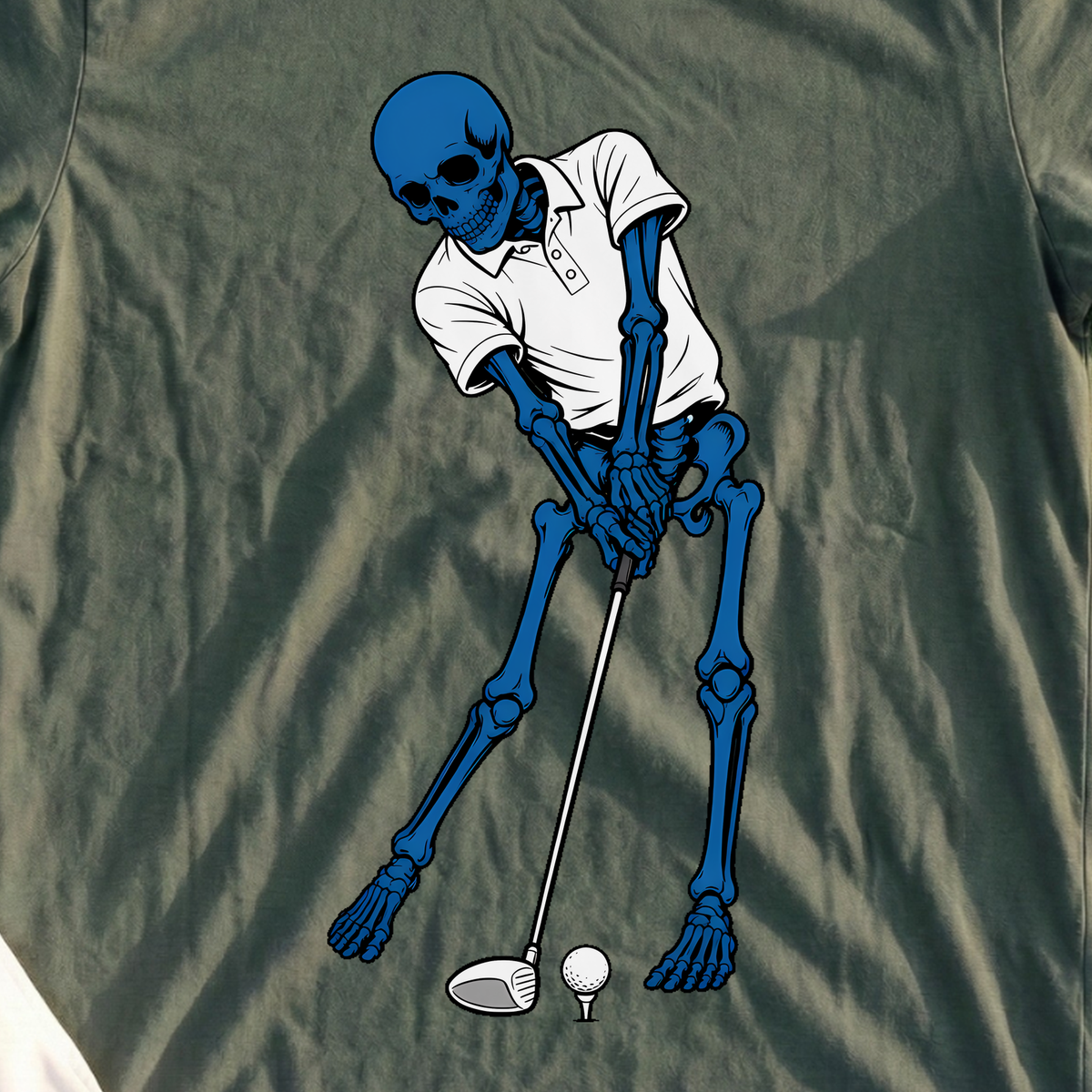 Blue Skeleton's Full Send Tee, print close-up on Military Green