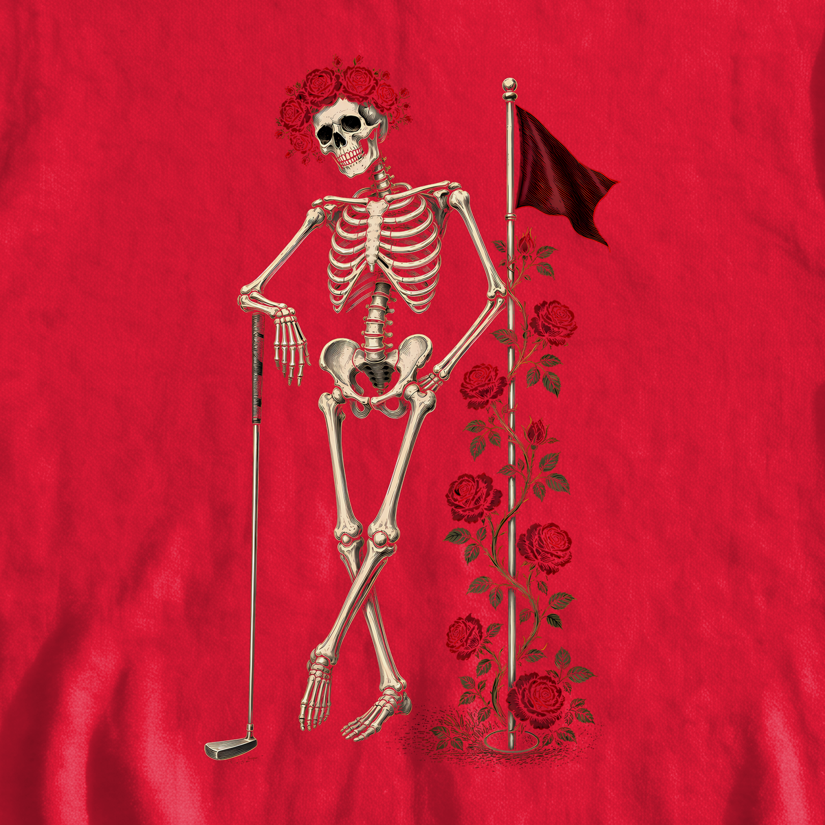 Rose Skeleton Leaning Sweatshirt, print close-up on Red