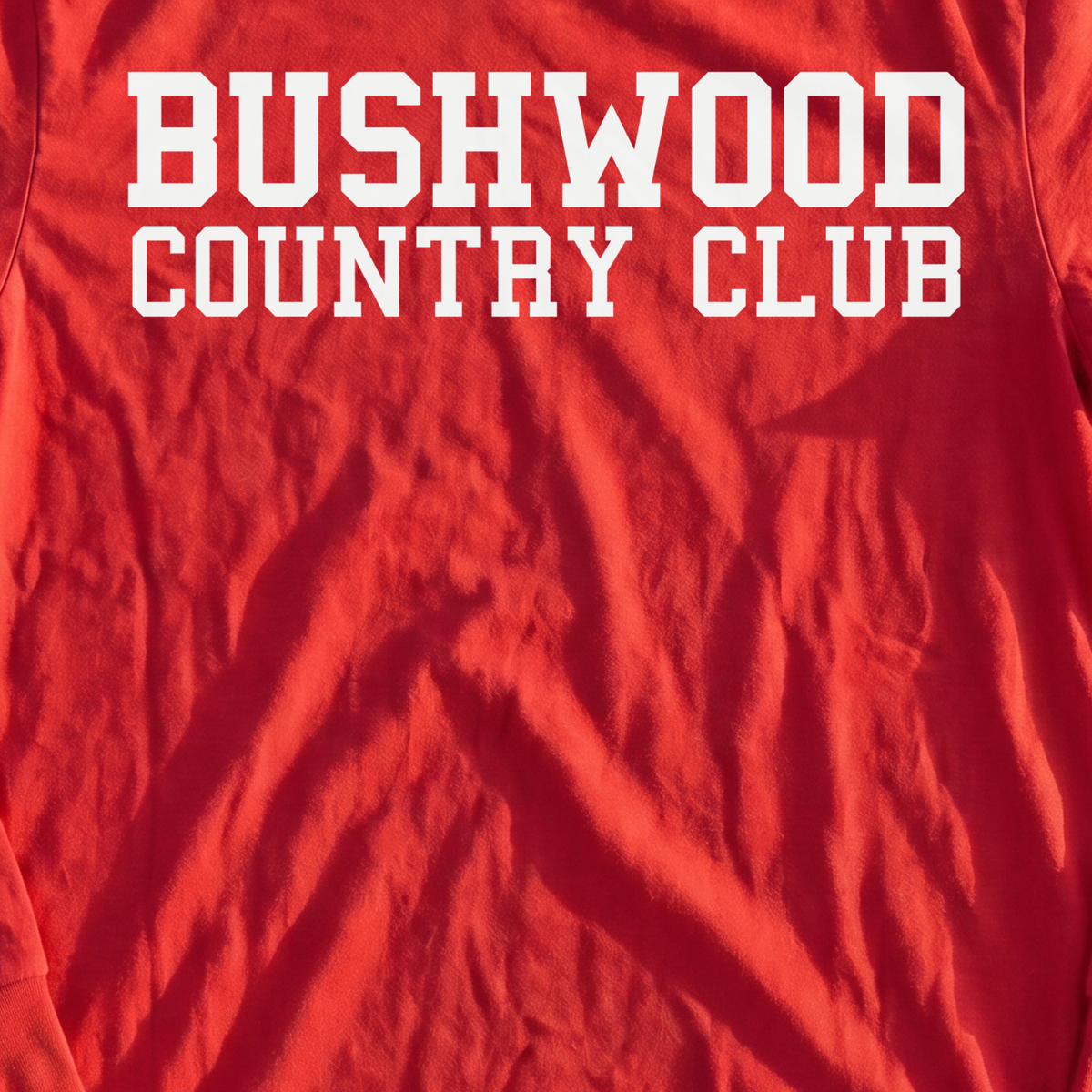 Bushwood Country Club Varsity Long Sleeve Tee, print close-up on Red